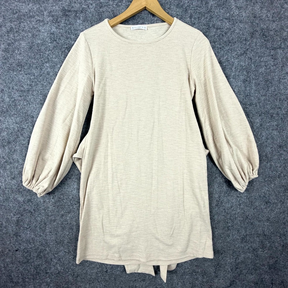 R. Vivimos Mini Dress Womens M 8\10 Beige Knit Round Neck Tie Waist Long Sleeve
